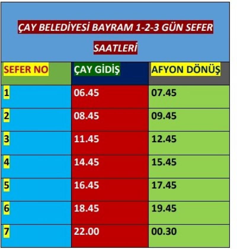 Çay Belediyesi Otobüs Seferleri Kurban Bayramı