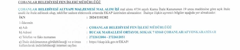 ÇOBANLAR BELEDİYESİ ALT YAPI MALZEMESİ MAL  ALIM İŞİ