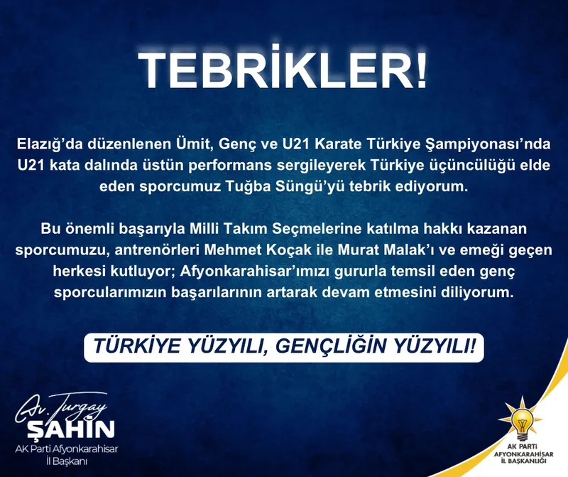 Afyonkarahisarlı Karateci Tuğba Süngü, Türkiye Üçüncüsü Oldu