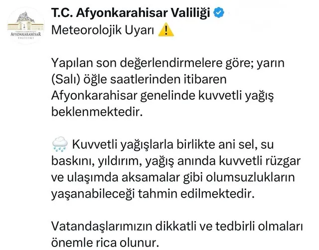 Afyonkarahisar İçin Kuvvetli Yağış Uyarısı: Yarın Öğleden İtibaren Etkili Olacak