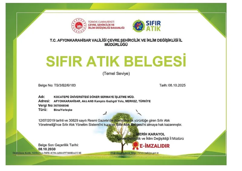 Afyon Kocatepe Üniversitesi Sıfır Atık Belgesi