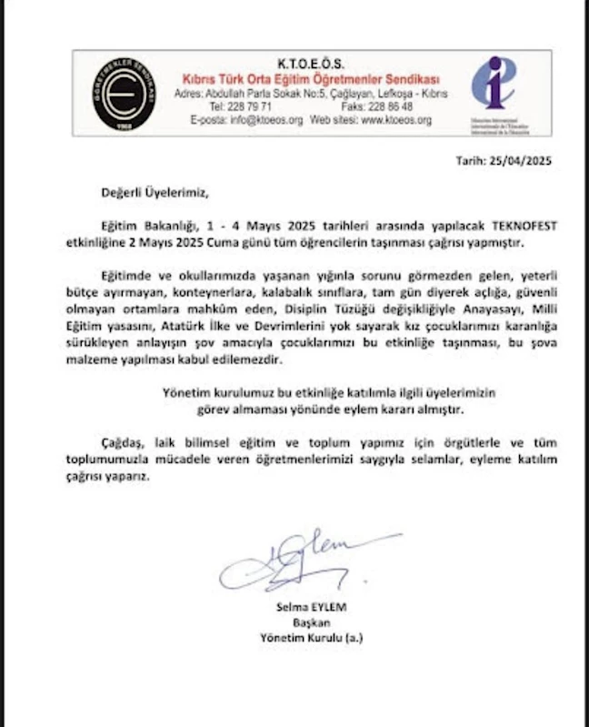 TEKNOFEST Eleştirisi: Kıbrıs Türk Orta Eğitim Öğretmenler Sendikası