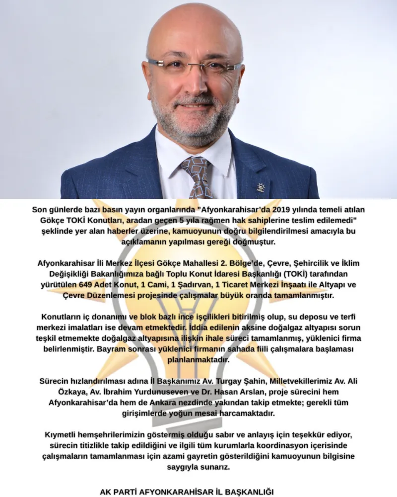 Gökçe TOKİ Konutlarında Sona Yaklaşıldı: Ak Parti Afyonkarahisar İl Başkanlığından Asılsız İddialara Cevap