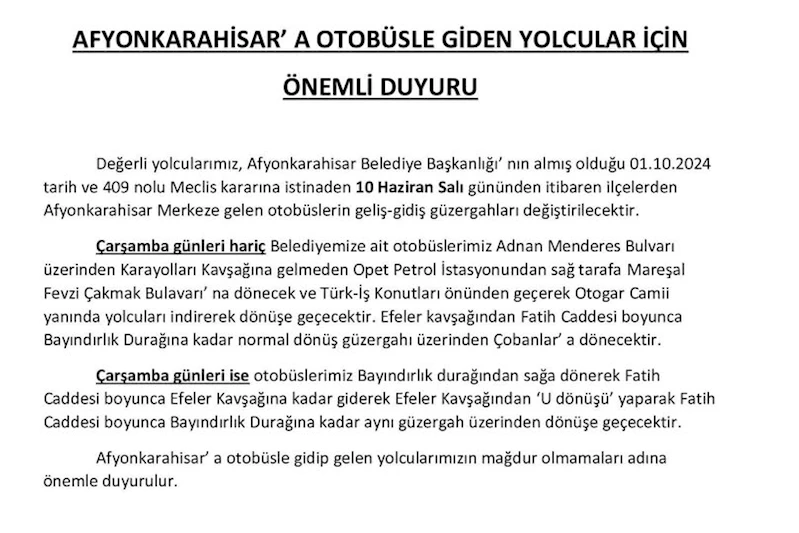 Afyonkarahisar Çobanlar Belediyesi Otobüs Güzergahları Değişti