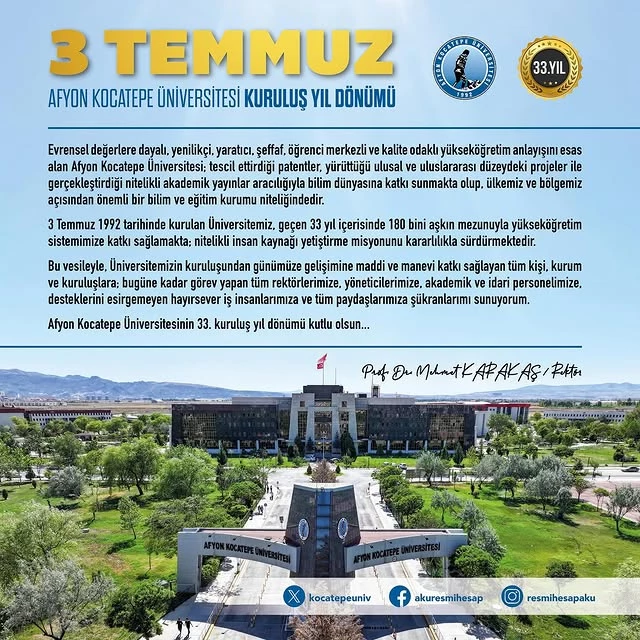 Afyon Kocatepe Üniversitesi 33. Yıl Dönümünü Kutluyor