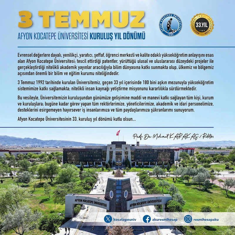 Afyon Kocatepe Üniversitesi 33. Yılını Kutluyor: Rektör Karakaş