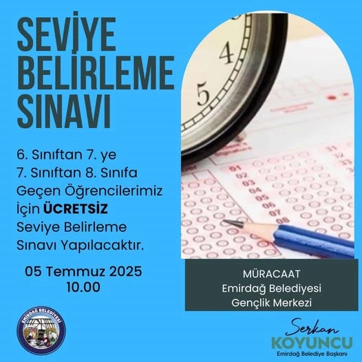 Emirdağ Belediyesi Ücretsiz LGS Hazırlık Kursları İçin Seviye Belirleme Sınavı Düzenliyor
