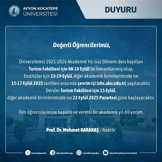 Afyon Kocatepe Üniversitesi 2025-2026 Güz Dönemi Ders Kayıtları Başladı
