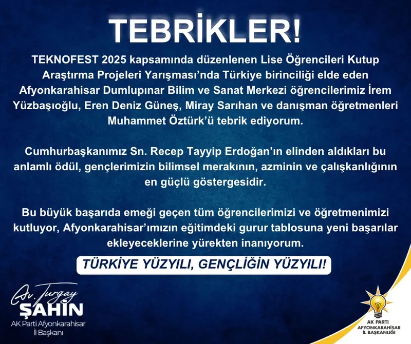 Afyonkarahisar’dan TEKNOFEST’te Lise Öğrencileri Kutup Araştırma Projeleri Yarışması’nda Birincilik