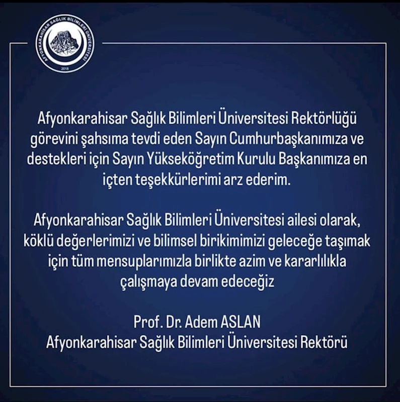 Afyonkarahisar Sağlık Bilimleri Üniversitesi Rektörü Prof. Dr. Aslan