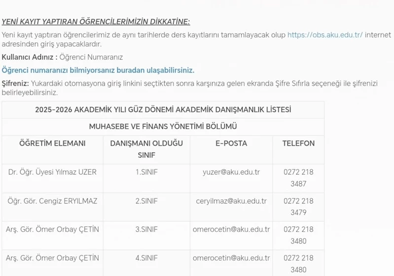 Afyon Kocatepe Üniversitesi 2025-2026 Akademik Yılı Akademik Danışman Listesi Duyuruldu